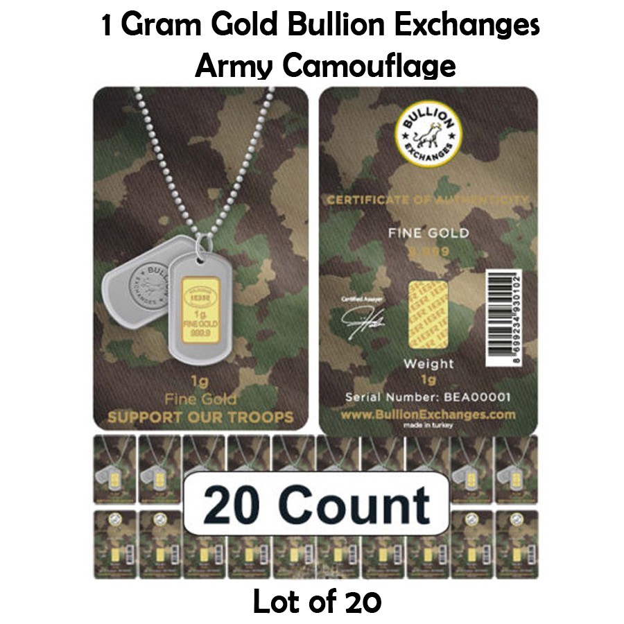 Lot of 20 1 Gram Gold Bullion Exchanges Army Camouflage .9999 Bar (In